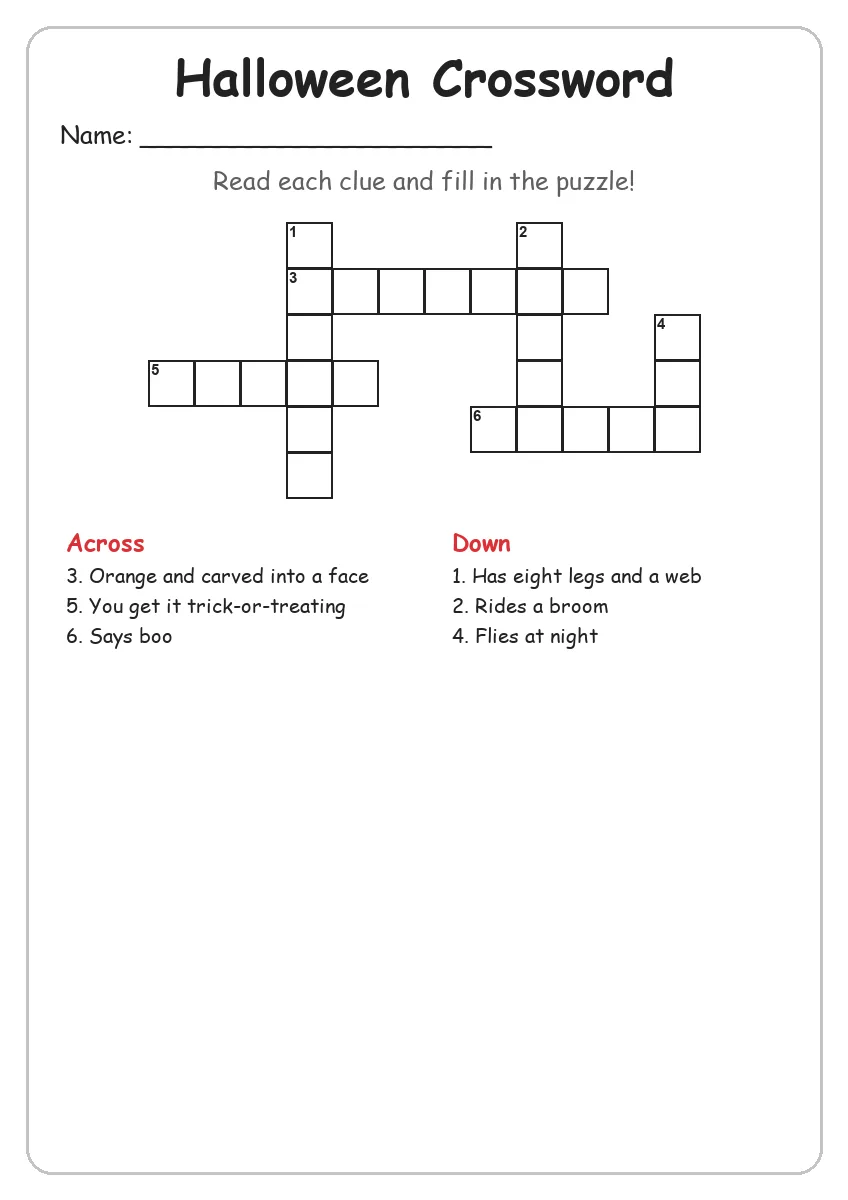 Halloween crossword worksheet for Grade 2