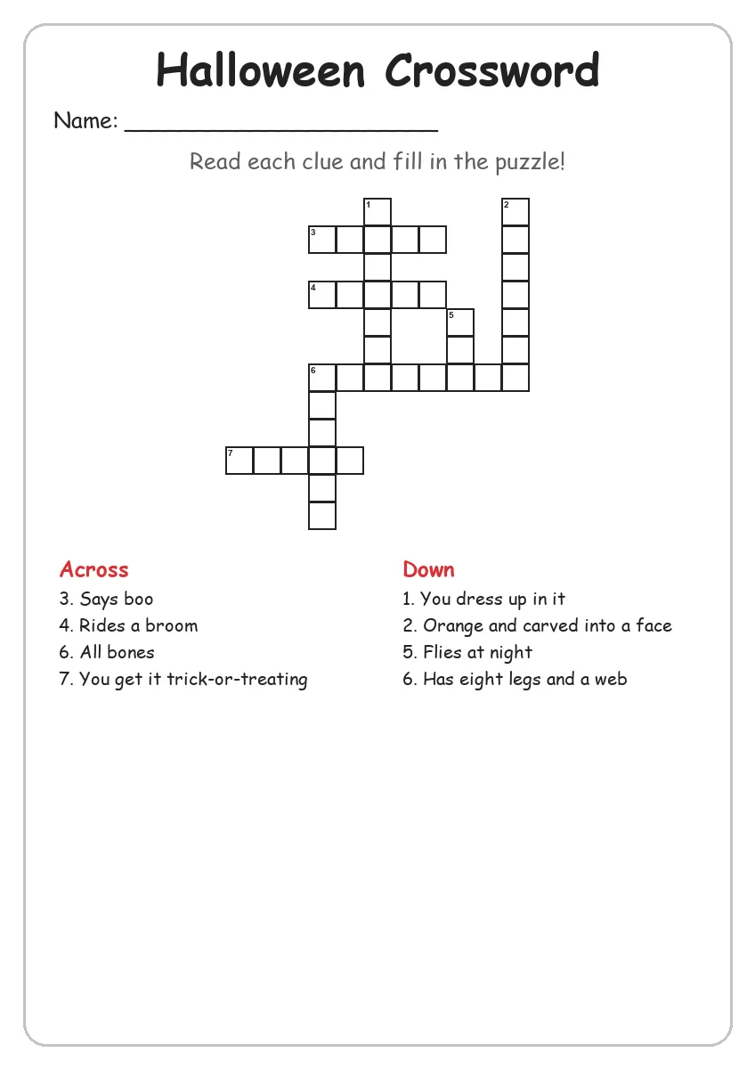 Halloween crossword worksheet for Grade 3