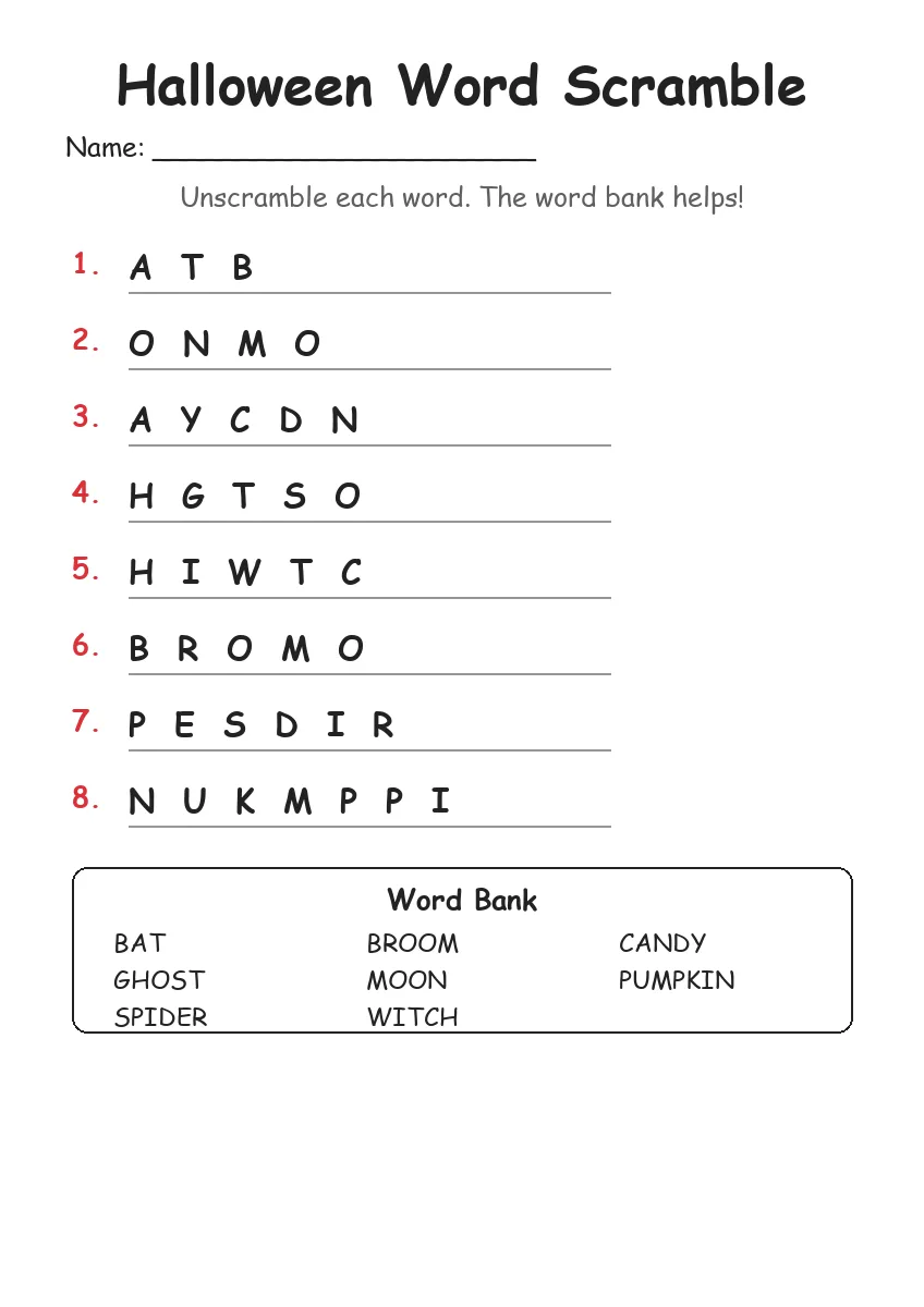 Halloween Word Scramble (Grade 1)