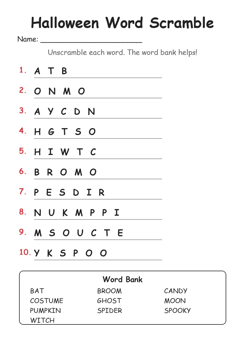 Halloween word scramble worksheet for Grade 2
