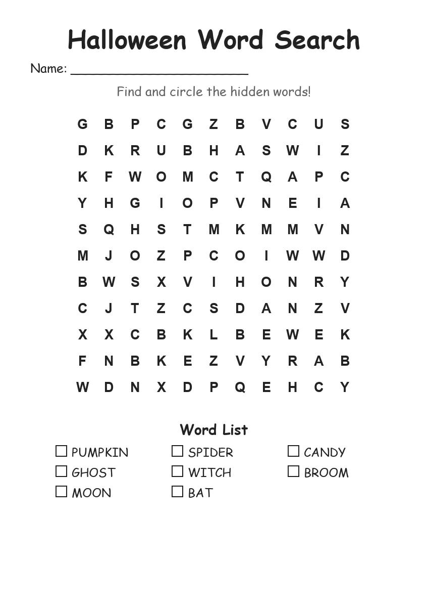 Halloween Word Search (Grade 1)