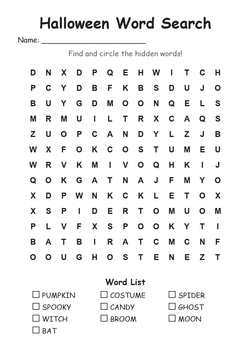 Halloween word search worksheet for Grade 2