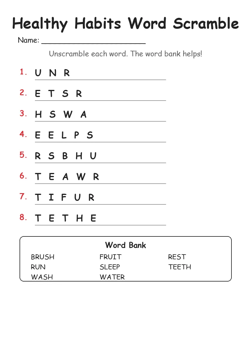 Healthy Habits word scramble worksheet for Grade 1