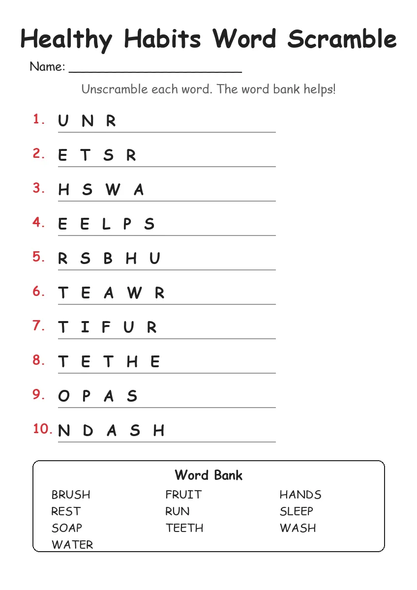 Healthy Habits word scramble worksheet for Grade 3