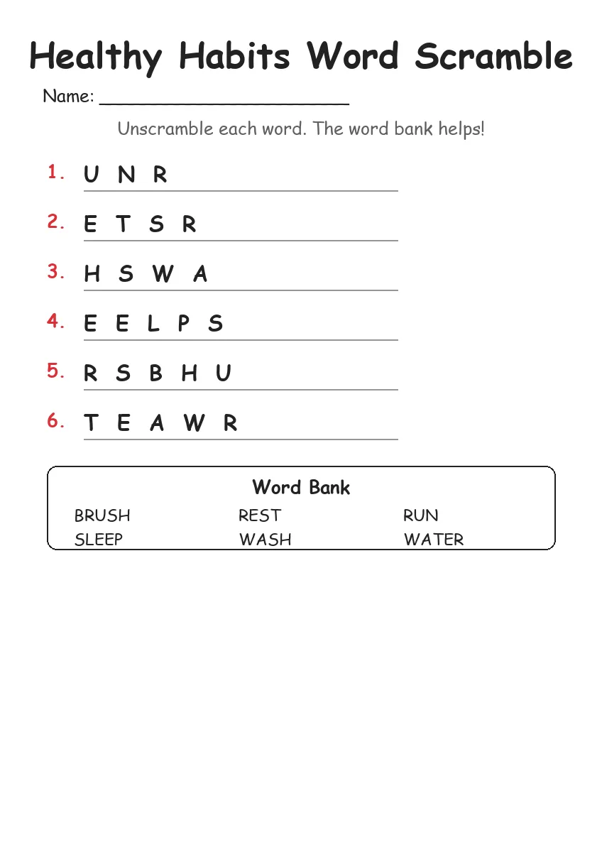 Healthy Habits word scramble worksheet for Kindergarten