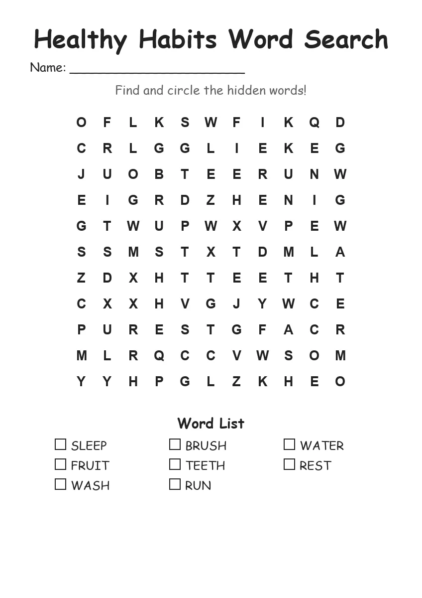 Healthy Habits word search worksheet for Grade 1