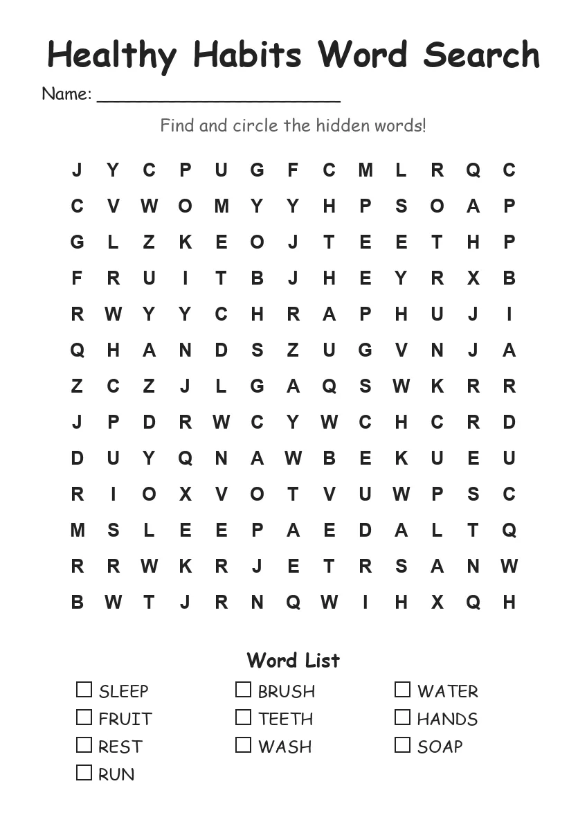 Healthy Habits word search worksheet for Grade 2