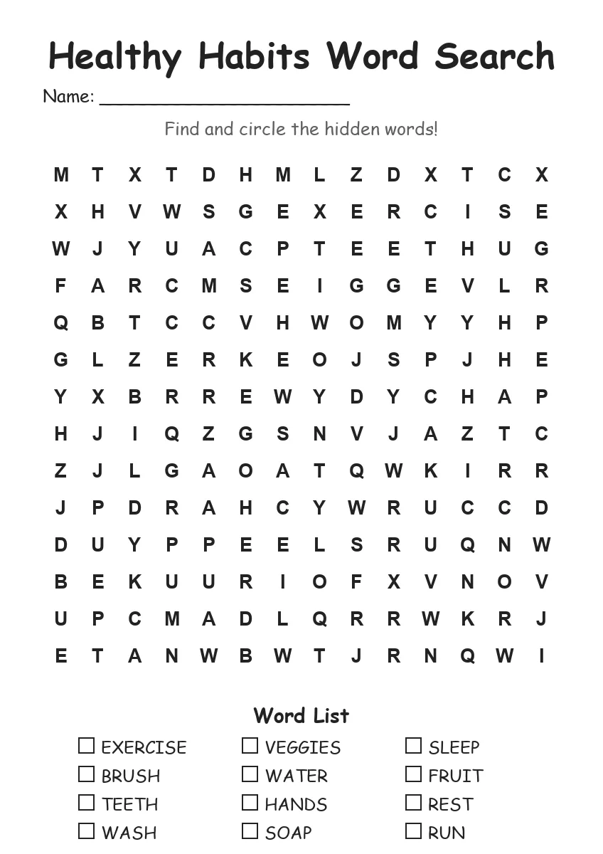 Healthy Habits word search worksheet for Grade 3
