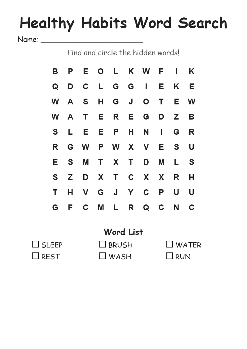 Healthy Habits word search worksheet for Kindergarten