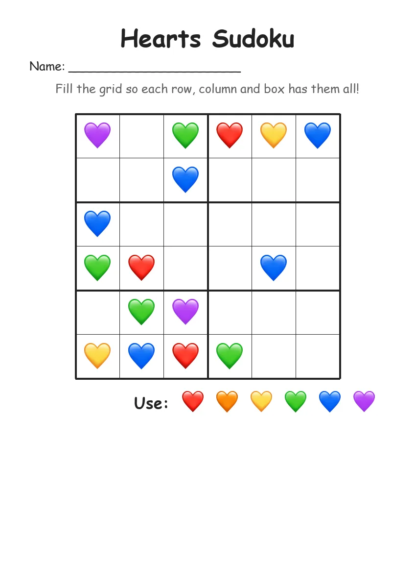 Hearts Sudoku 6x6 (Grade 2) worksheet for Grade 2