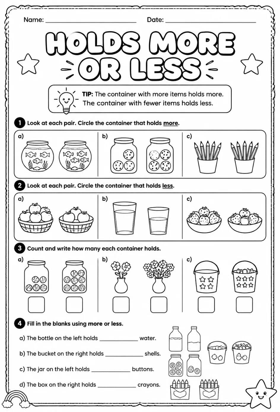 Holds more or less — free printable Grade 1 math worksheet