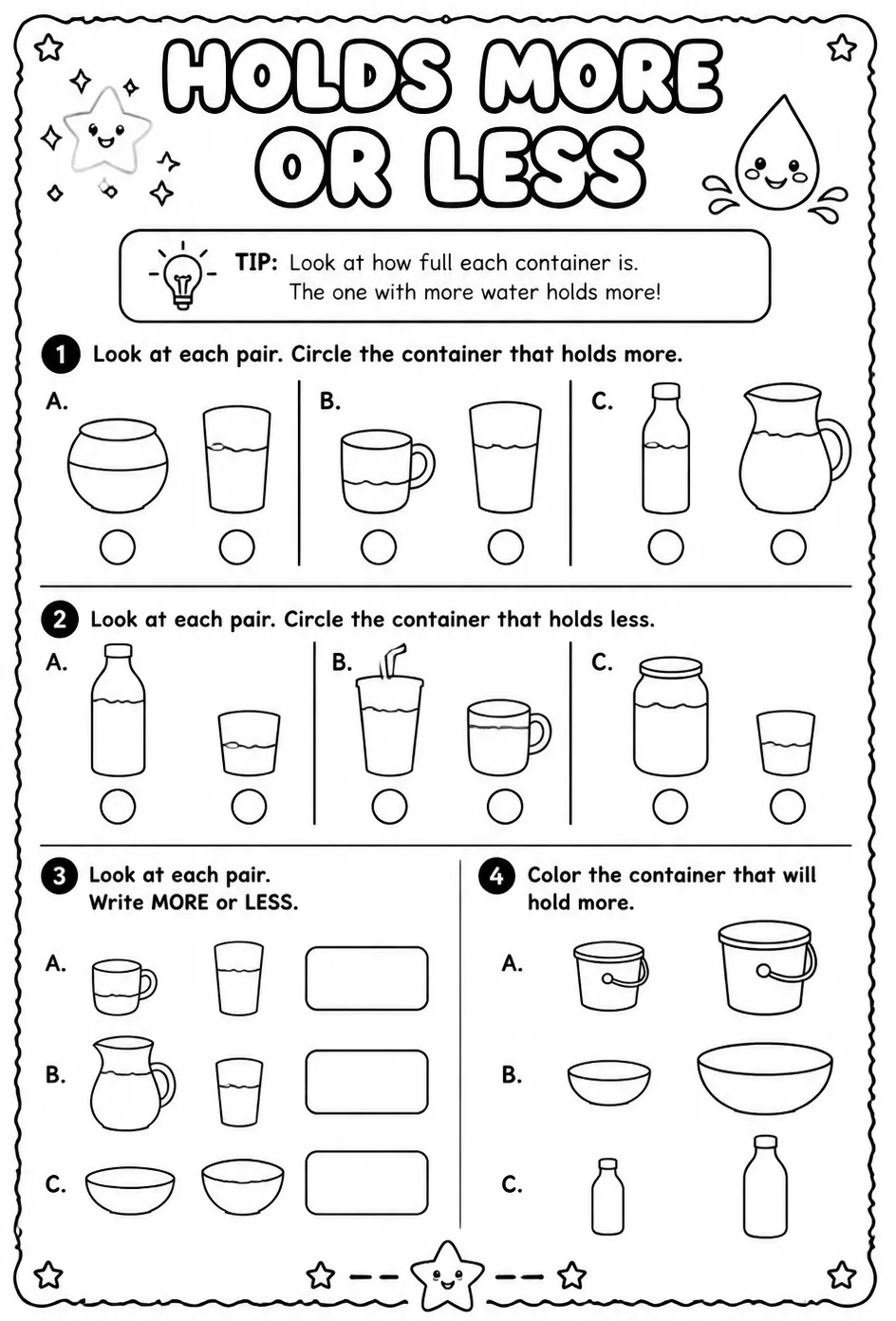 Holds more or less — free printable Pre-K math worksheet