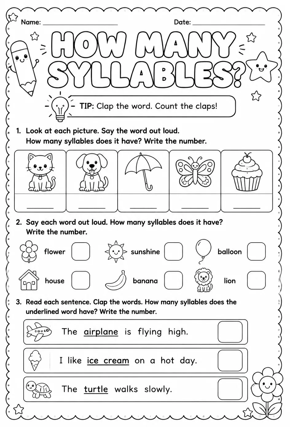 How many syllables does the word have? — free printable Reading foundations English worksheet