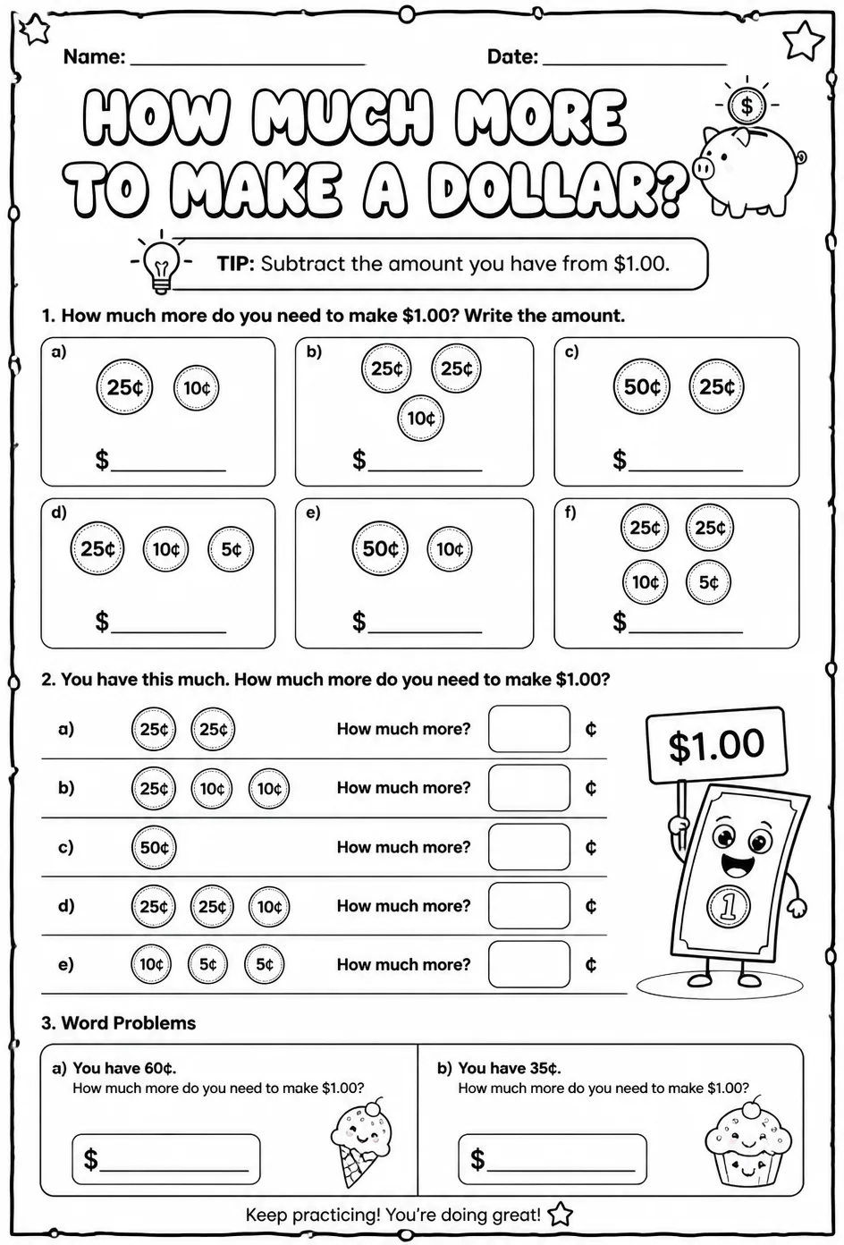 How much more to make a dollar? — free printable Grade 2 math worksheet