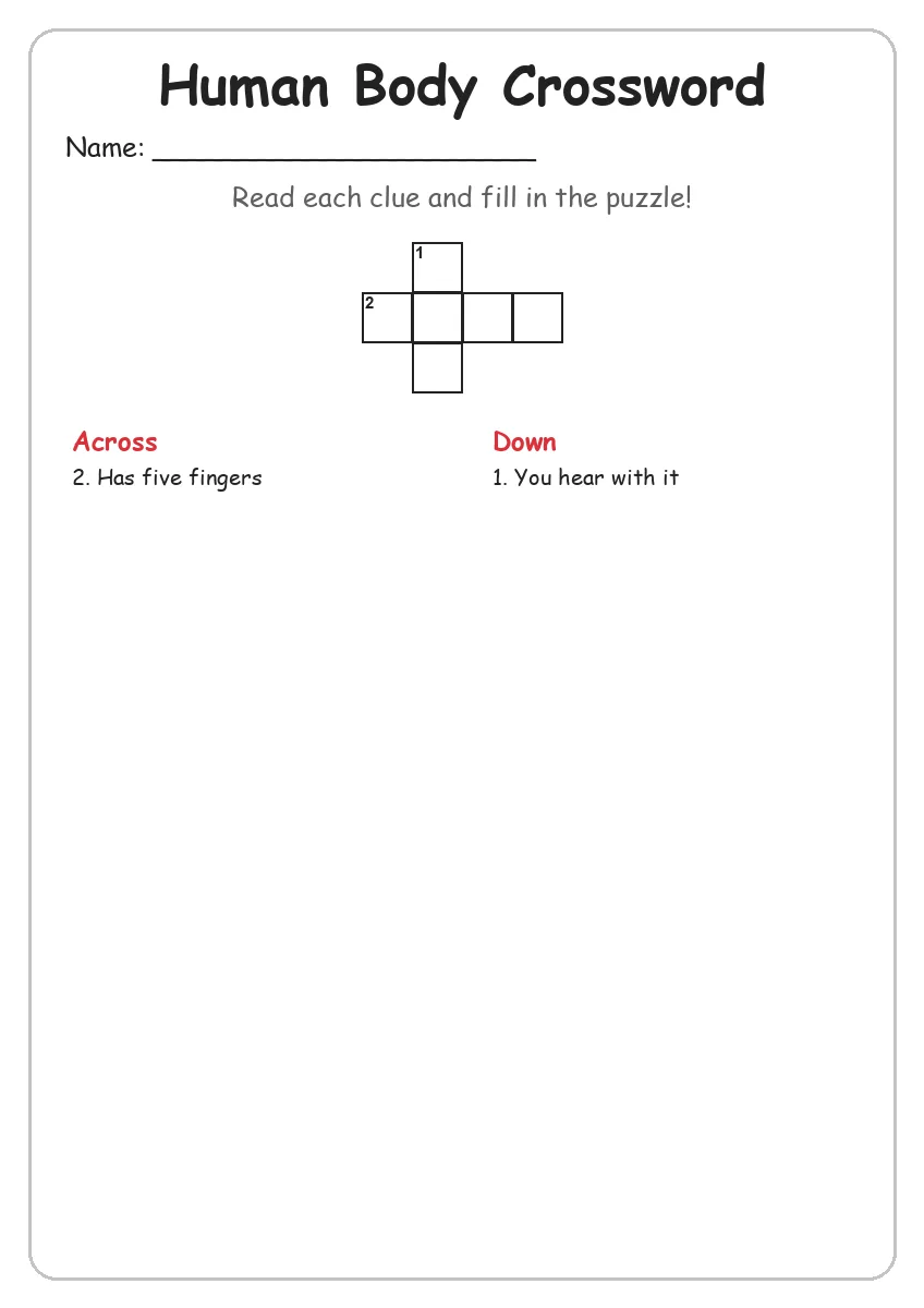 Human Body crossword worksheet for Grade 1