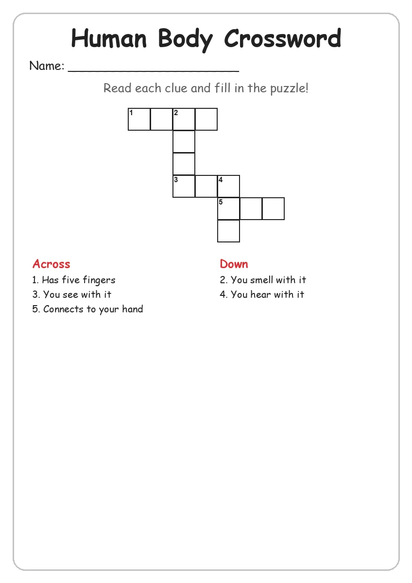Human Body crossword worksheet for Grade 2