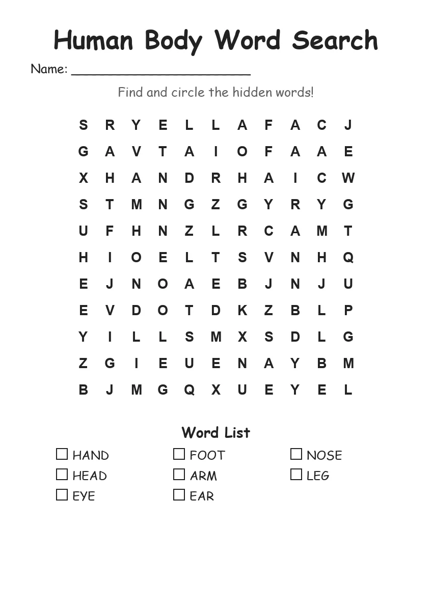 Human Body word search worksheet for Grade 1