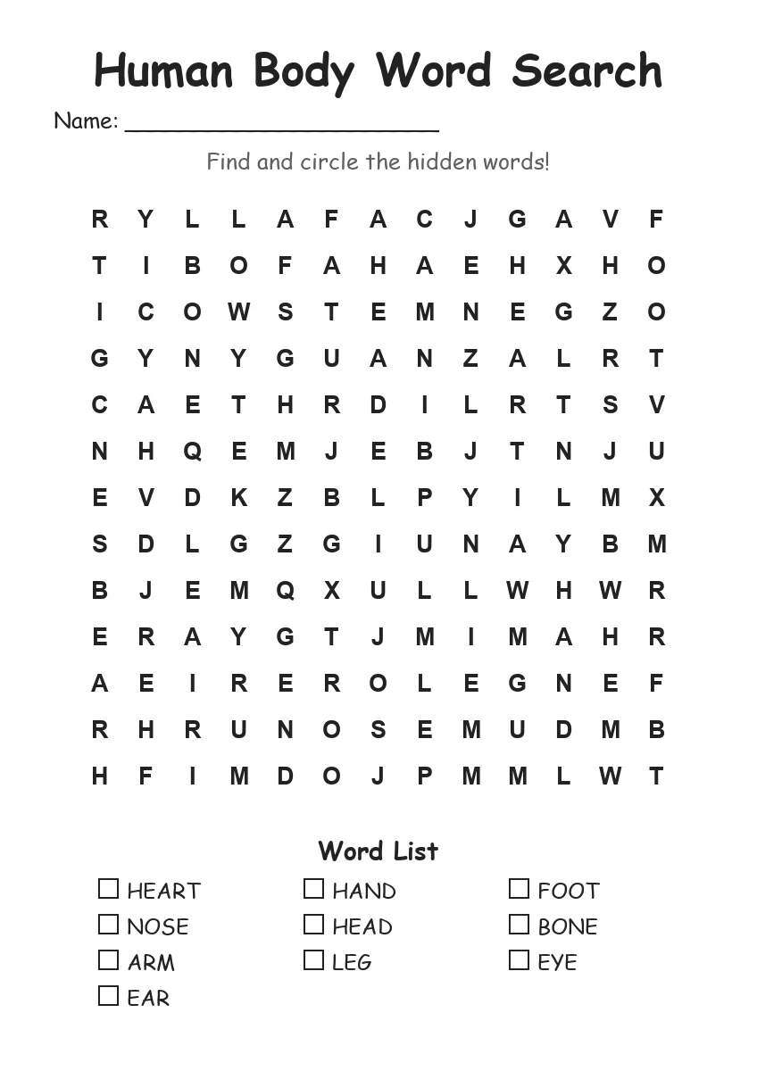 Human Body word search worksheet for Grade 2