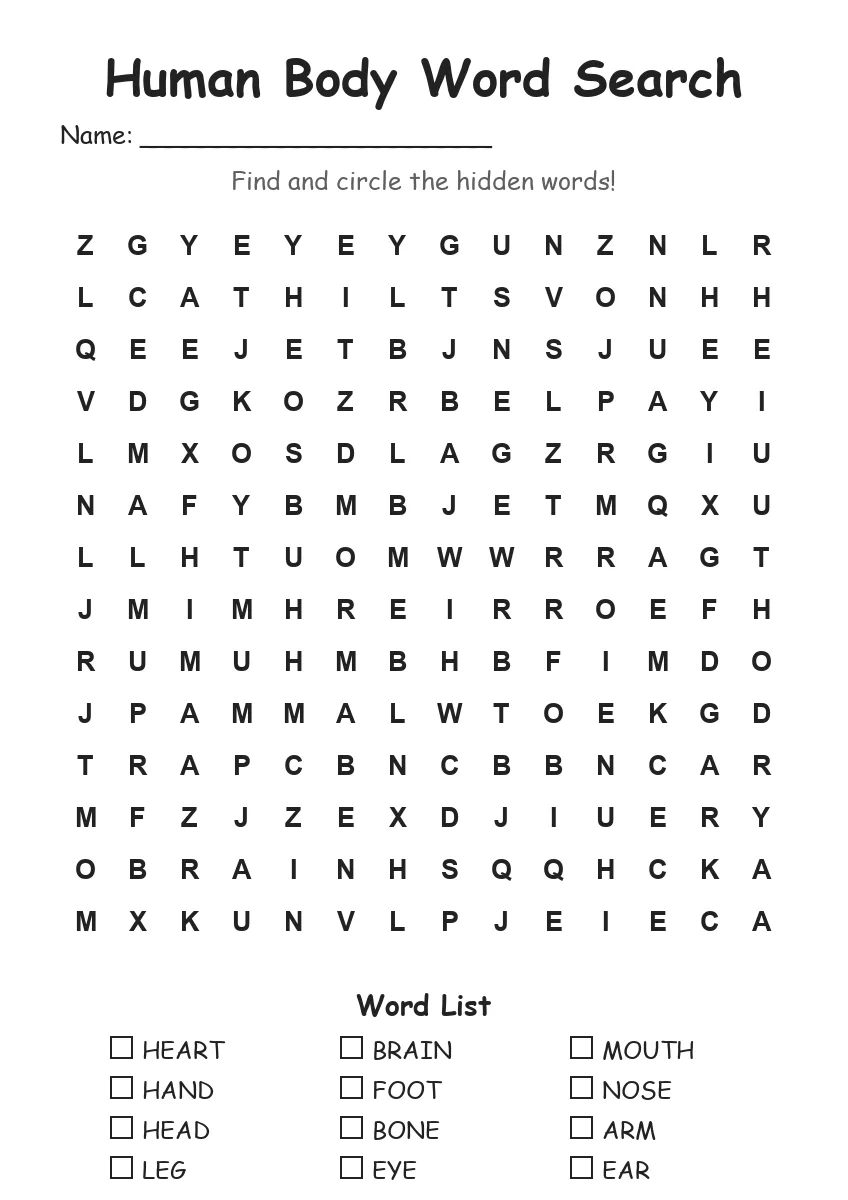 Human Body word search worksheet for Grade 3
