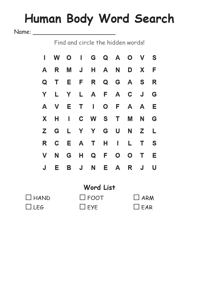 Human Body word search worksheet for Kindergarten