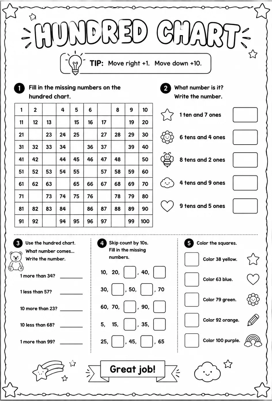 Hundred chart — free printable Grade 1 math worksheet