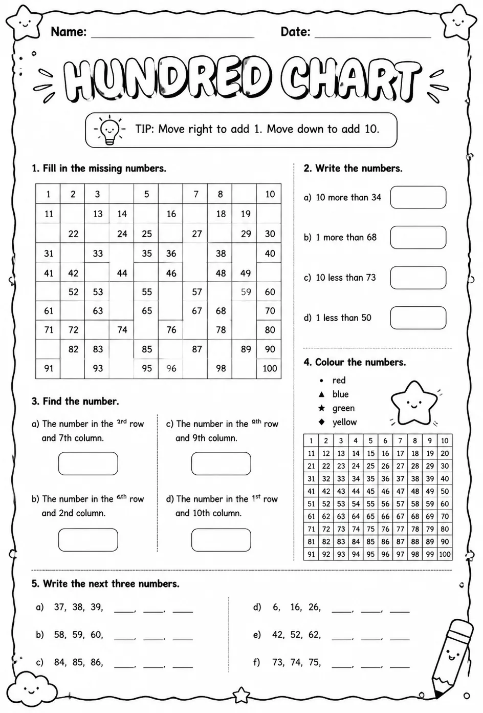 Hundred chart — free printable Grade 2 math worksheet