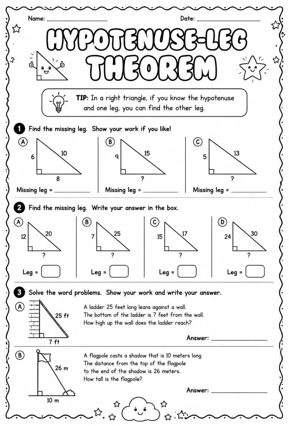 Hypotenuse-Leg Theorem — free printable Geometry math worksheet