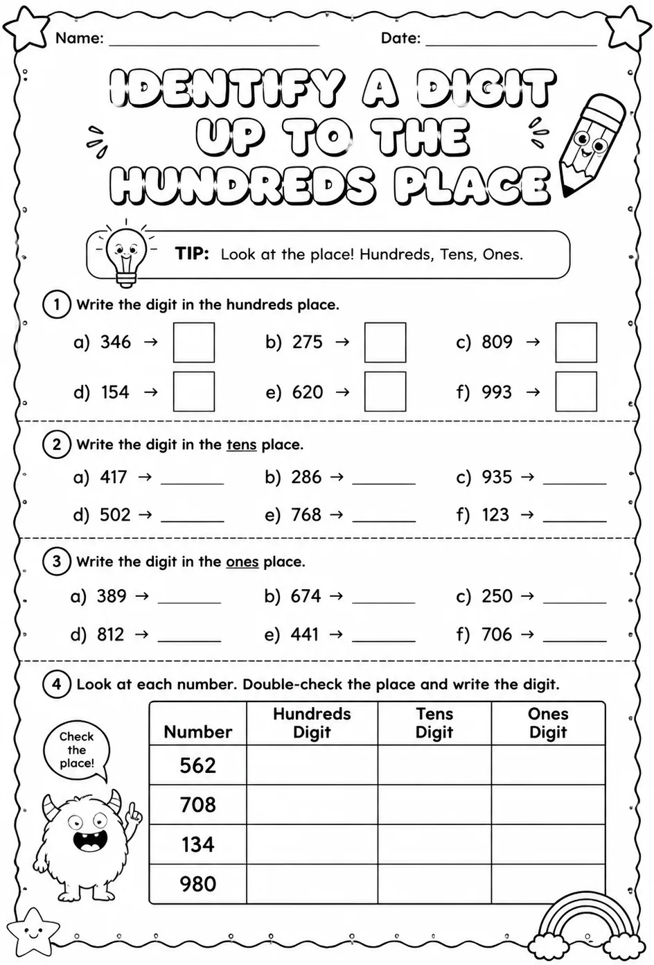 Identify a digit up to the hundreds place — free printable Grade 2 math worksheet