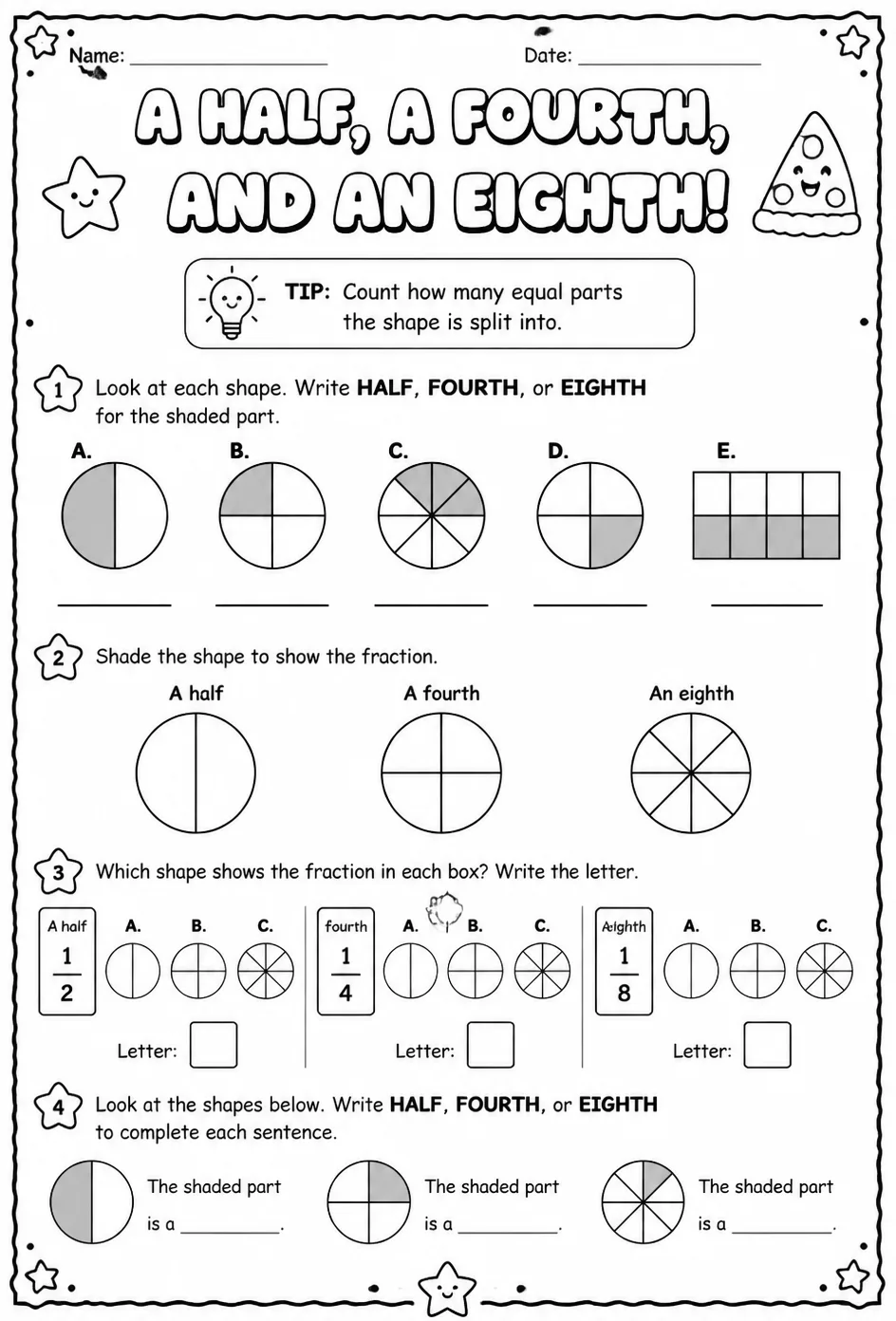 Identify a half, a fourth, and an eighth — free printable Grade 2 math worksheet