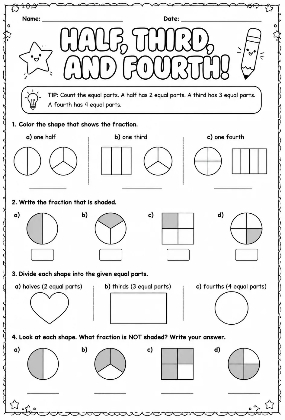 Identify a half, a third, and a fourth — free printable Grade 2 math worksheet