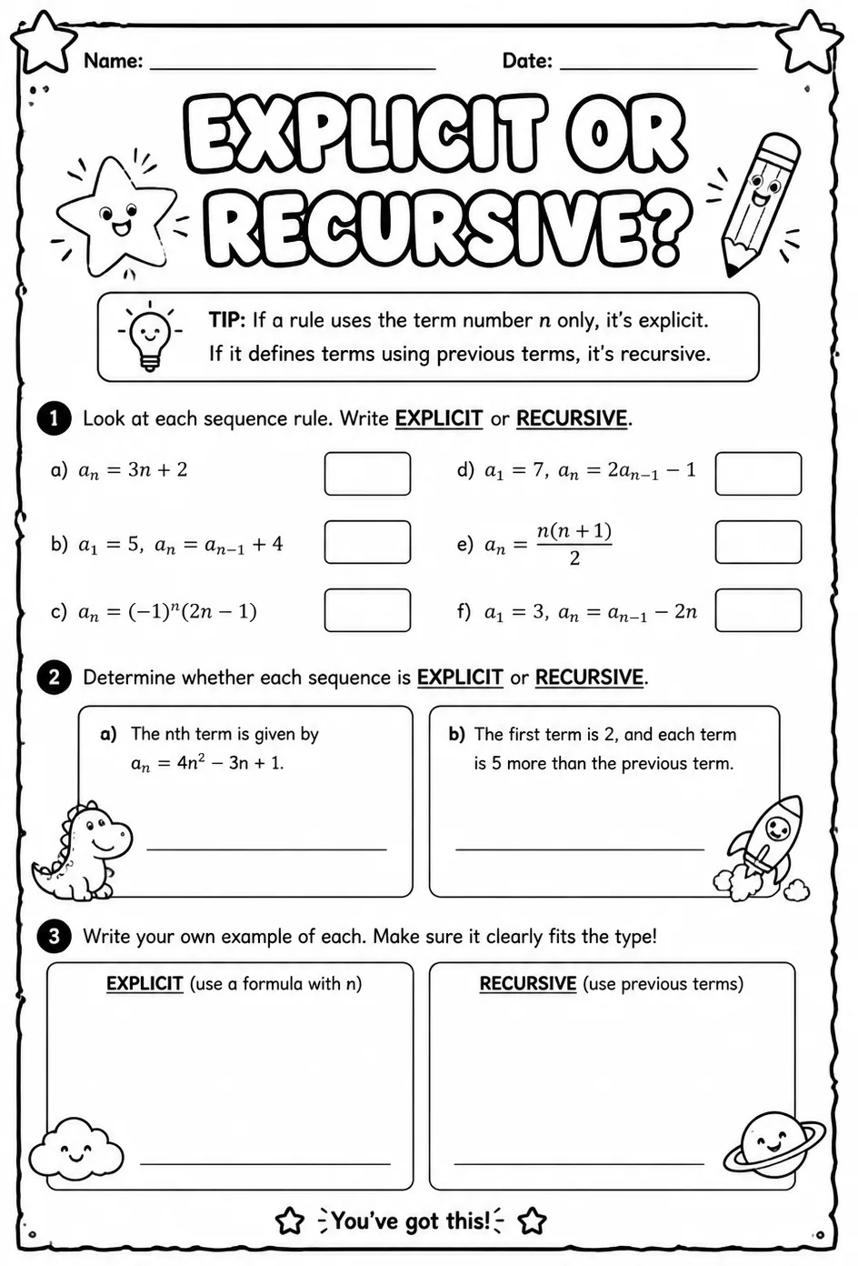 Identify a sequence as explicit or recursive — free printable Precalculus math worksheet