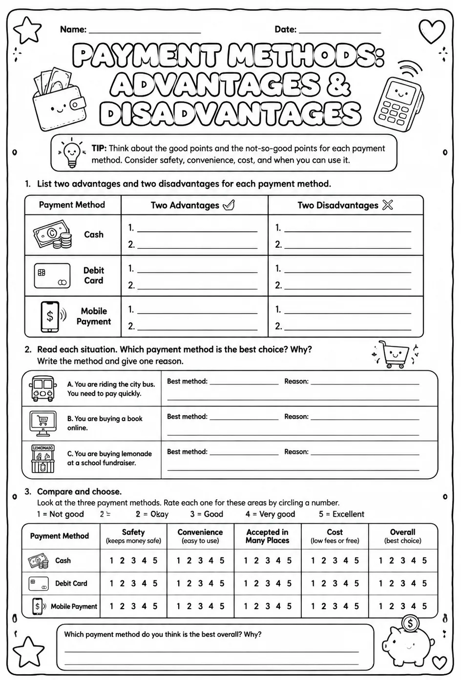 Identify advantages and disadvantages of payment methods — free printable Grade 5 math worksheet