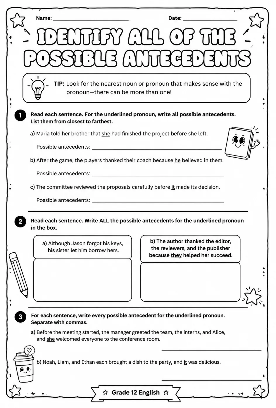 Identify all of the possible antecedents — free printable Grammar and mechanics English worksheet