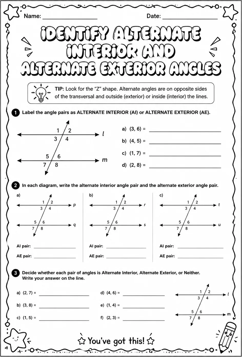 Identify alternate interior and alternate exterior angles — free printable Grade 7 math worksheet