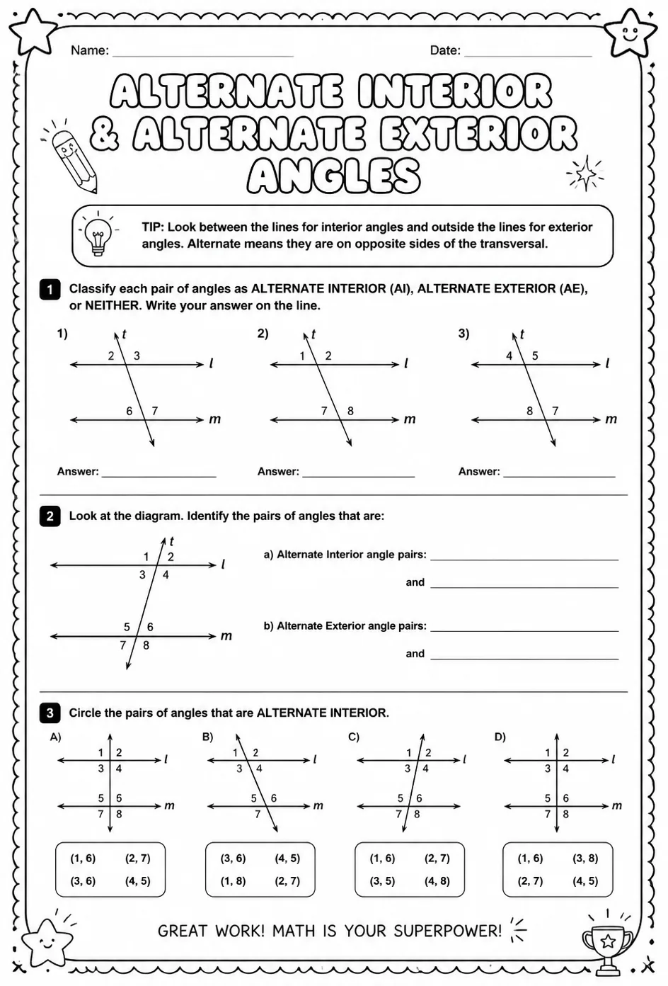 Identify alternate interior and alternate exterior angles — free printable Grade 8 math worksheet