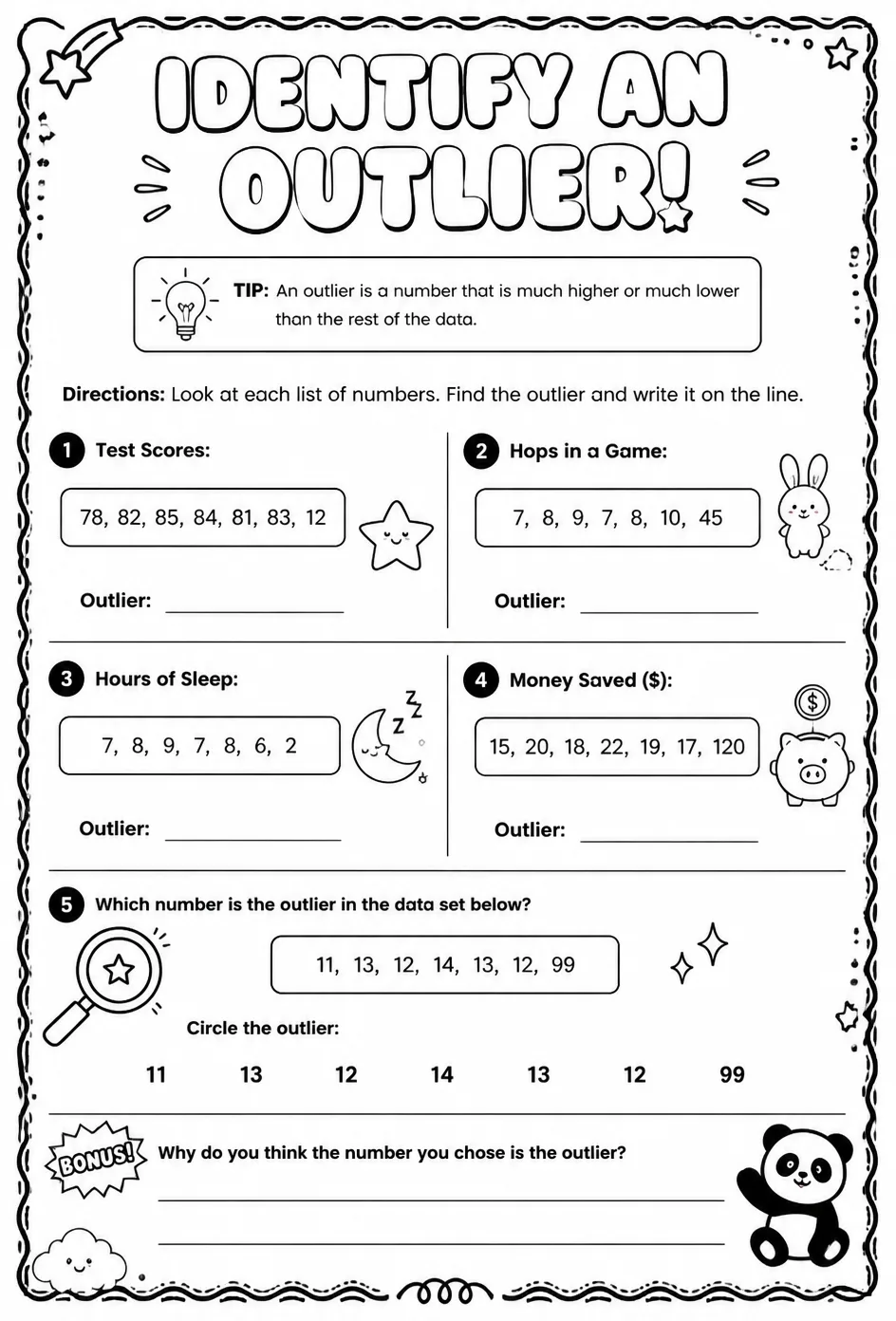 Identify an outlier — free printable Algebra 1 math worksheet