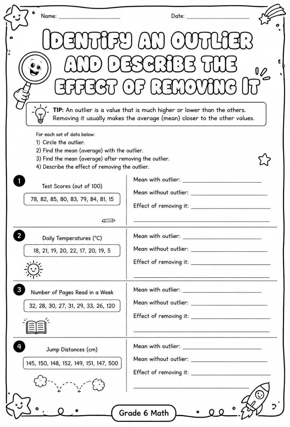Identify an outlier and describe the effect of removing it — free printable Grade 6 math worksheet