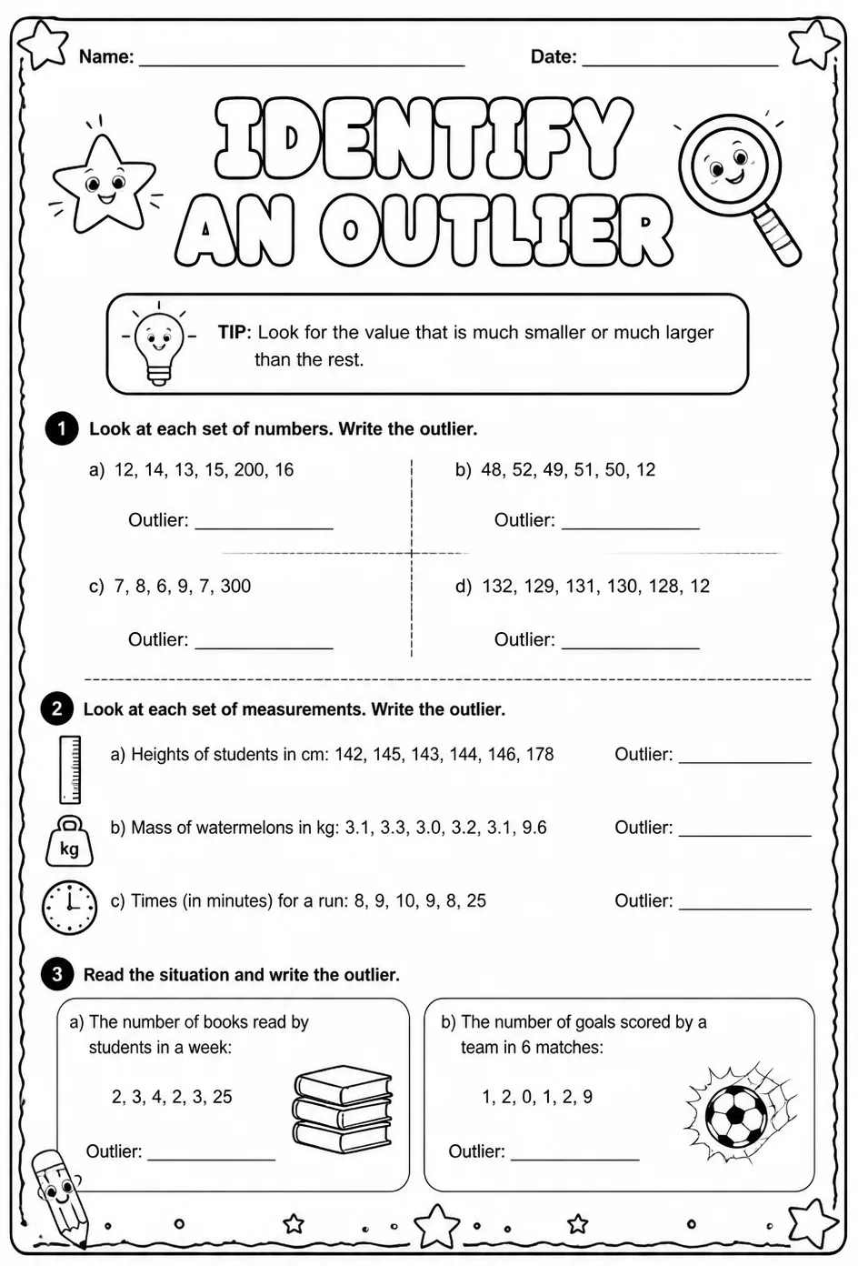 Identify an outlier — free printable Grade 6 math worksheet