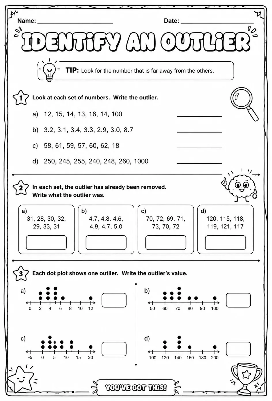 Identify an outlier — free printable Grade 7 math worksheet