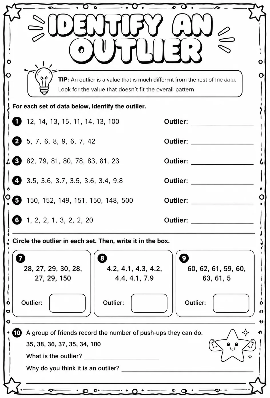 Identify an outlier — free printable Grade 8 math worksheet