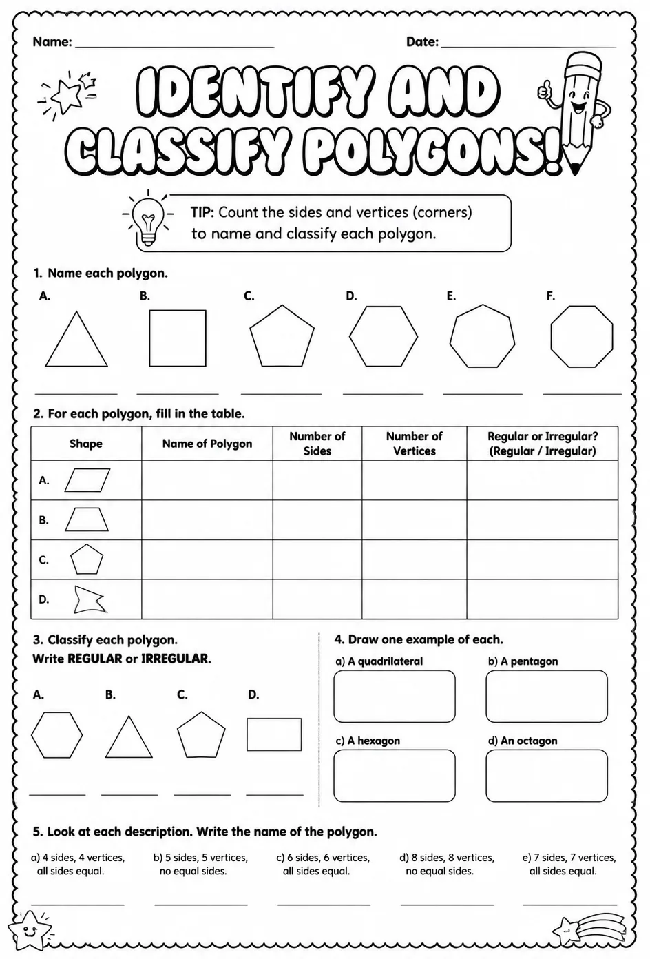 Identify and classify polygons — free printable Grade 6 math worksheet