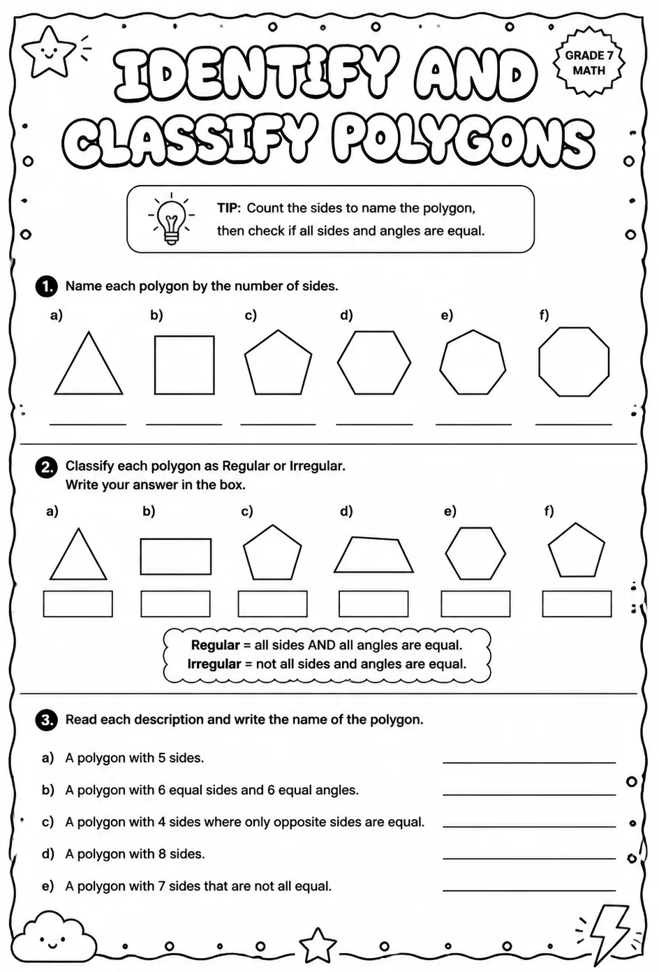 Identify and classify polygons — free printable Grade 7 math worksheet