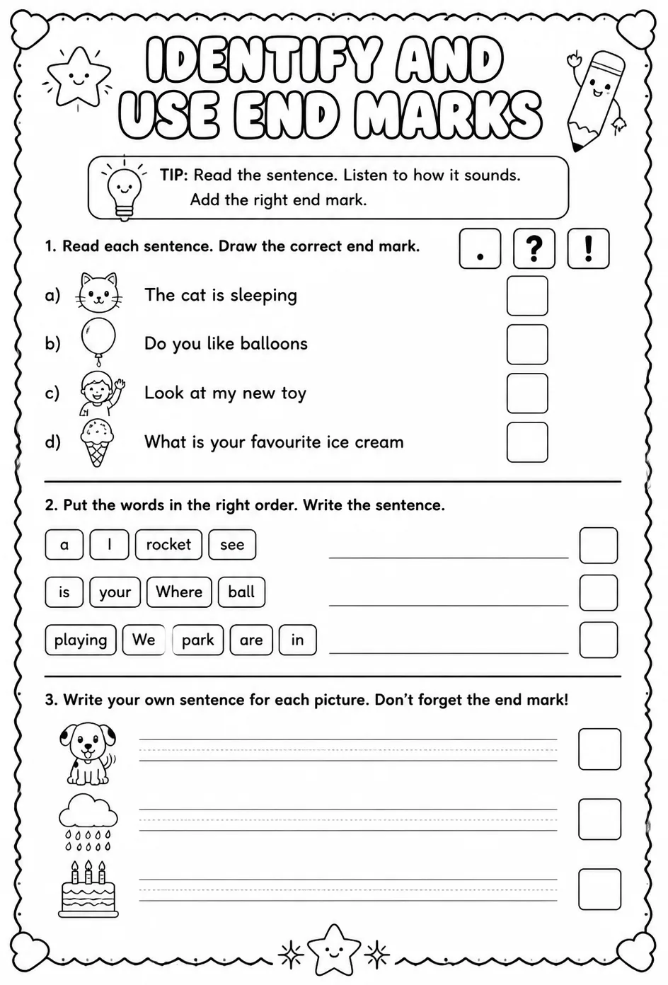 Identify and use end marks — free printable Kindergarten English & Reading worksheet