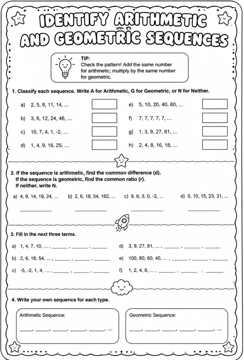 Identify arithmetic and geometric sequences — free printable Algebra 1 math worksheet