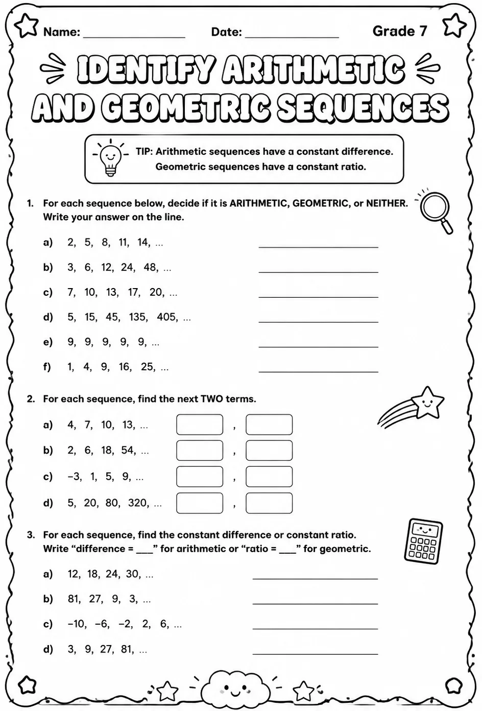 Identify arithmetic and geometric sequences — free printable Grade 7 math worksheet
