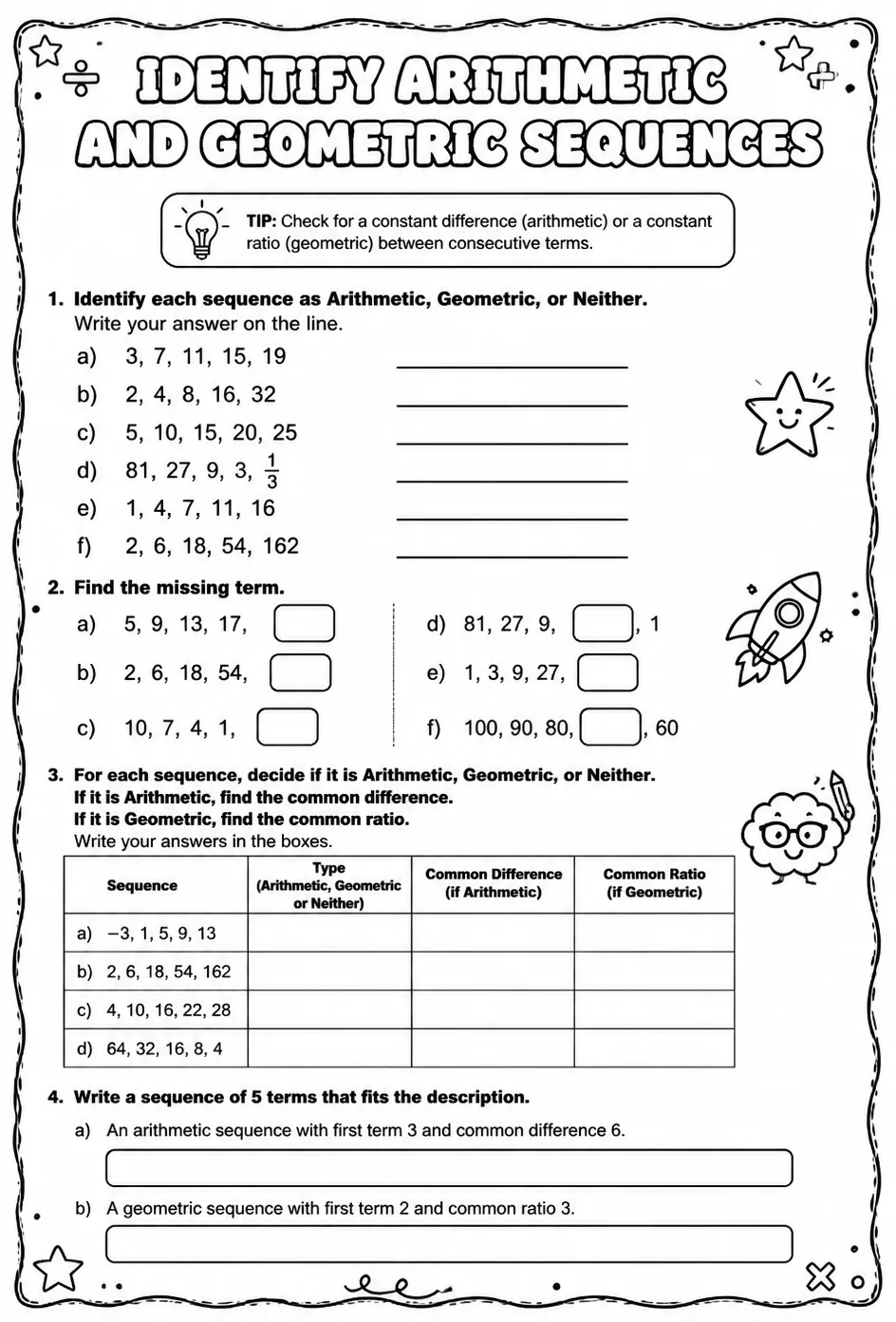 Identify arithmetic and geometric sequences — free printable Grade 8 math worksheet