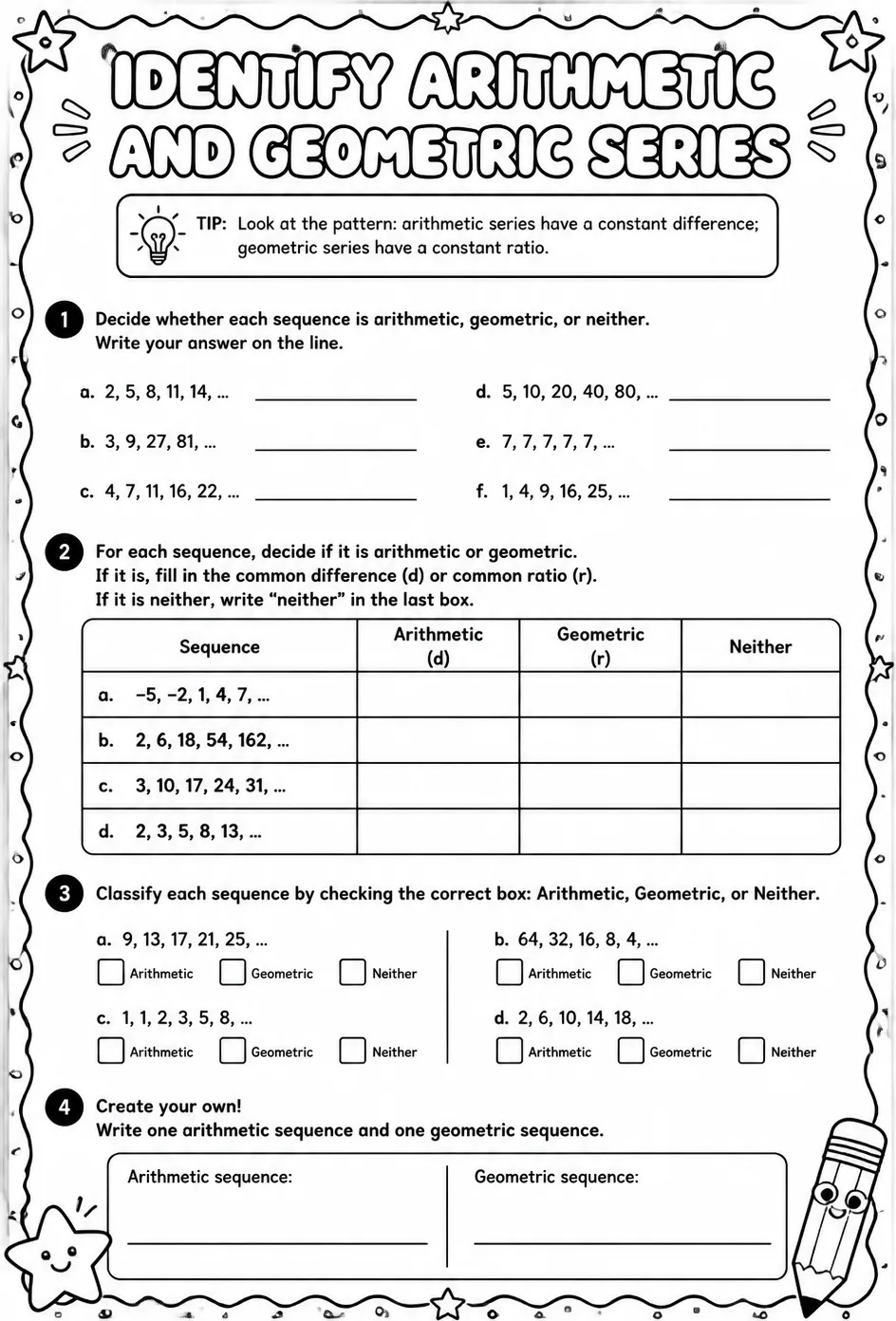 Identify arithmetic and geometric series — free printable Algebra 2 math worksheet