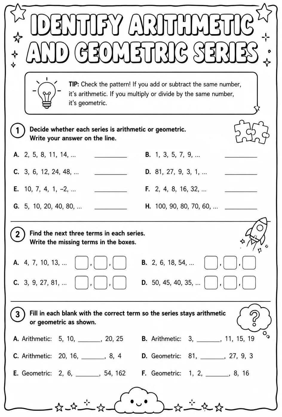 Identify arithmetic and geometric series — free printable Precalculus math worksheet
