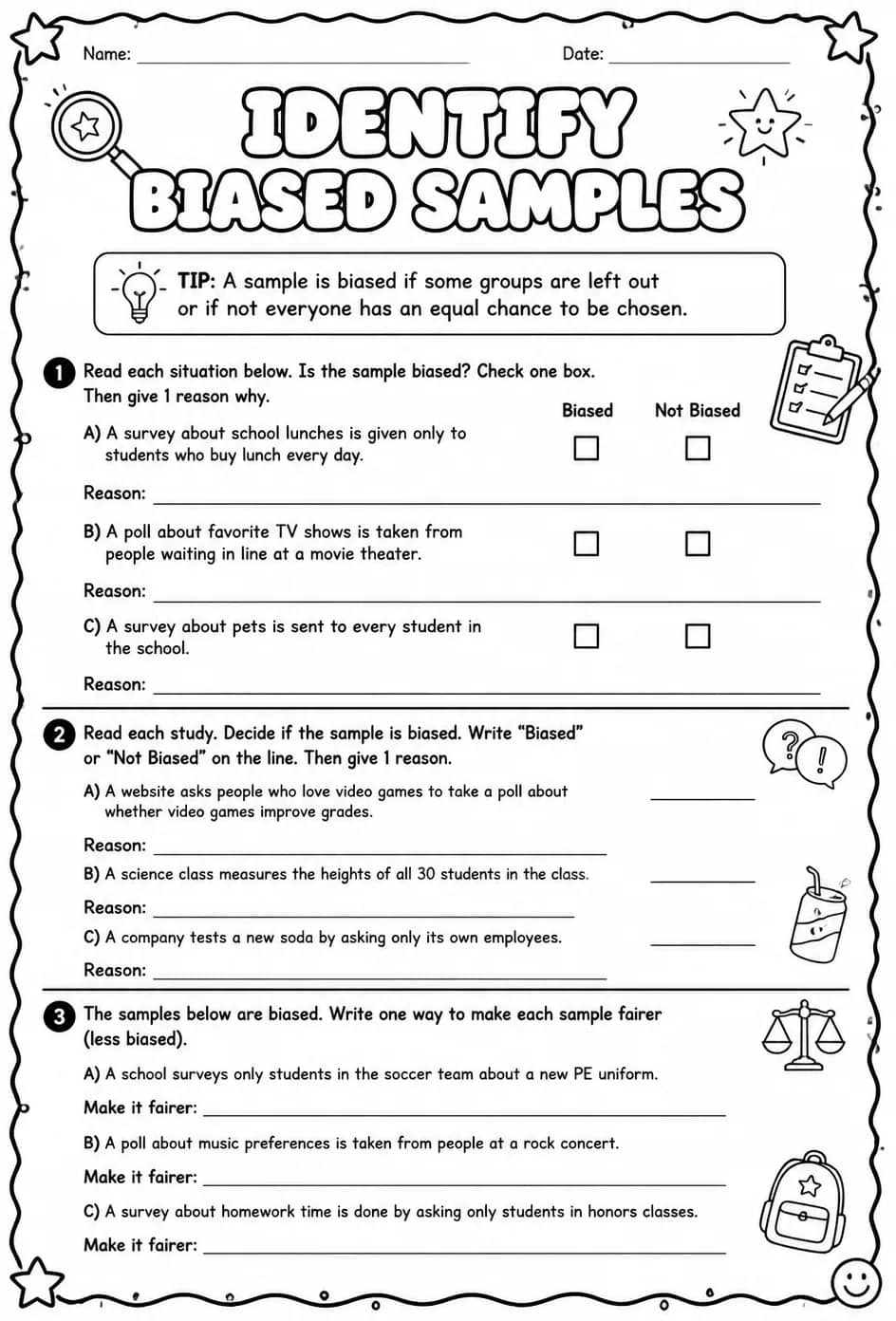 Identify biased samples — free printable Algebra 1 math worksheet