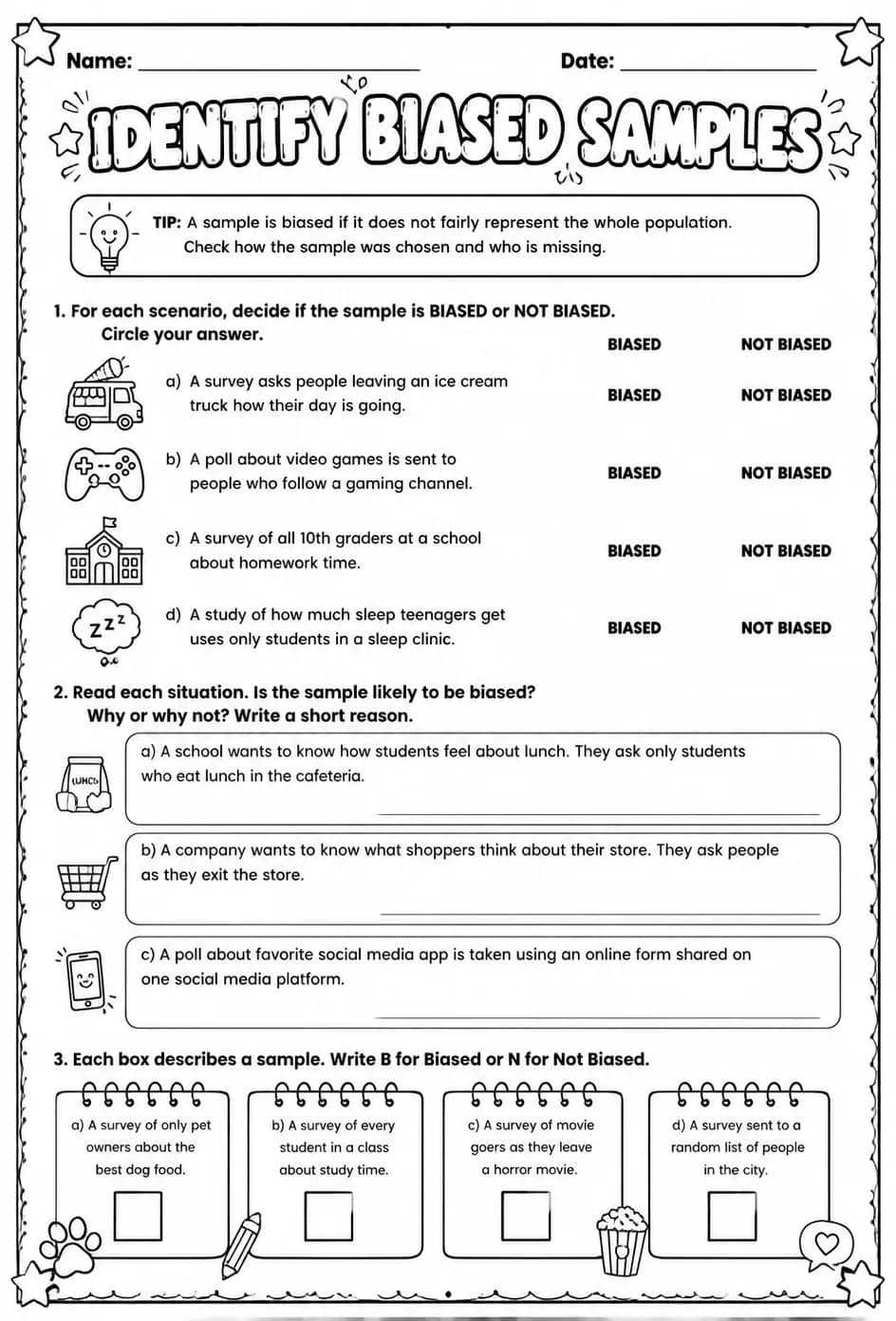 Identify biased samples — free printable Algebra 2 math worksheet
